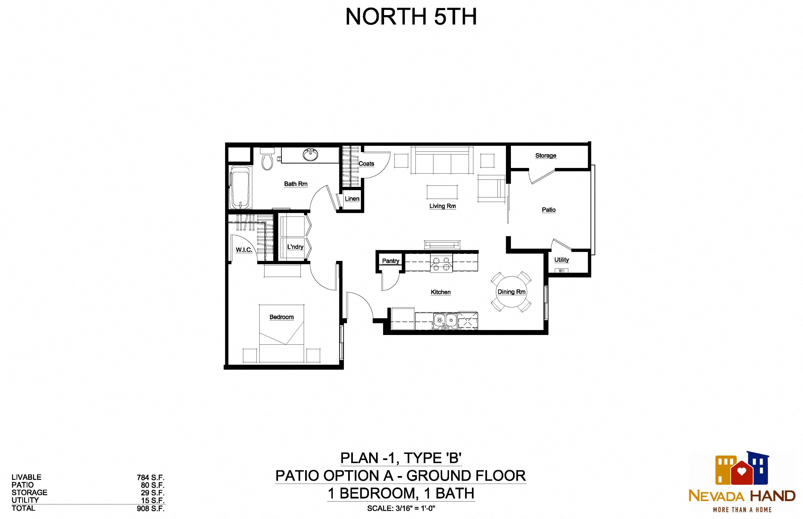 Floor plan for 1 bed, 1 bath, 784 sqft